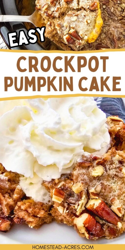 A collage of lifting a slice of pumpkin cake out of a slow cooker and a slice on a plate with whipped cream. The text overlay says Easy Crockpot Pumpkin Cake.