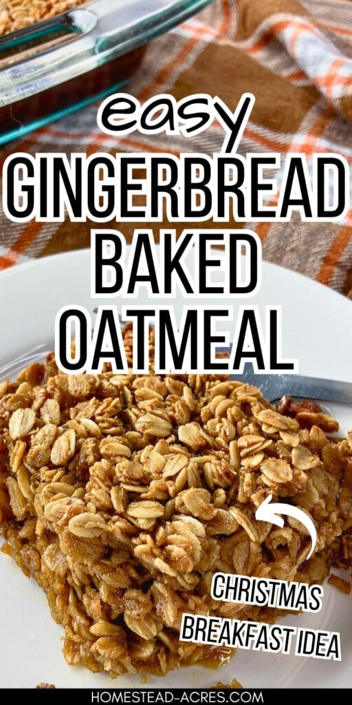 A slice of Christmas baked oatmeal on a white plate. The text overlay says Easy Gingerbread Baked Oatmeal Christmas Breakfast Idea.