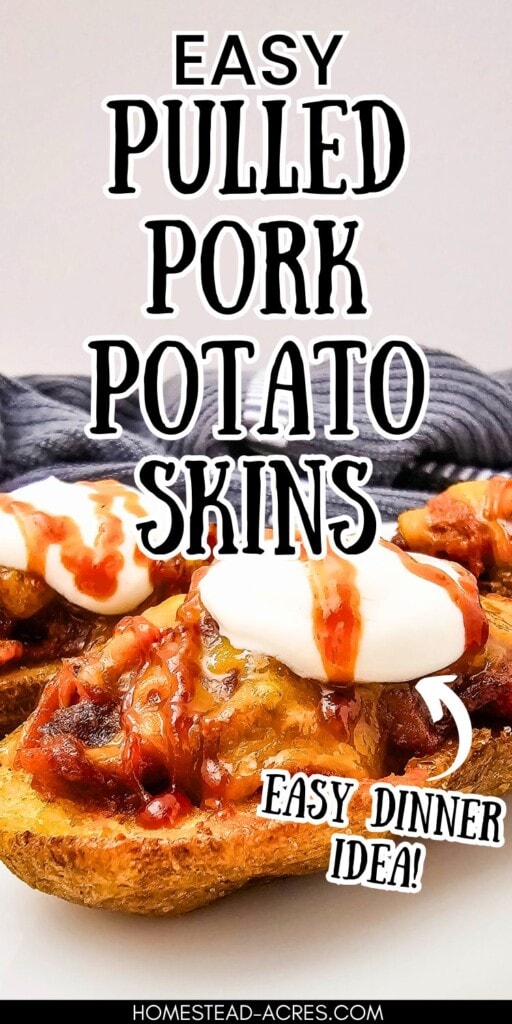 A platter of baked potato halves filled with pulled pork and cheese. The text overlay says Easy Pulled Pork Potato Skins Easy Dinner Idea.