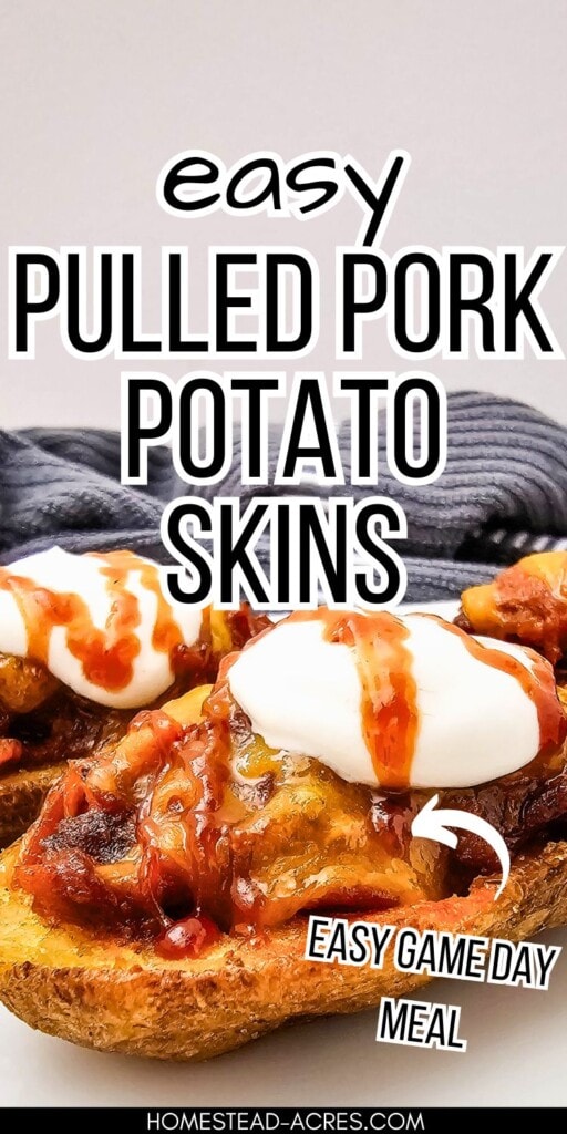 A platter of baked potato halves filled with cheese and pulled pork. The text overlay says Easy Pulled Pork Potato Skins Easy Game Day Meal.