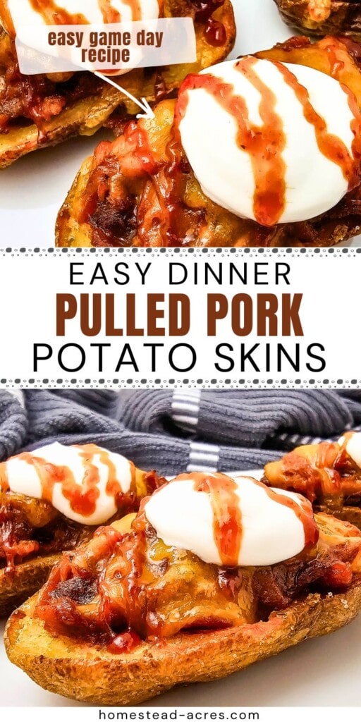 A collage of baked potato halves filled with pulled pork and cheese. The text overlay says Easy Dinner Pulled Pork Potato Skins. Easy Game Day Recipe.