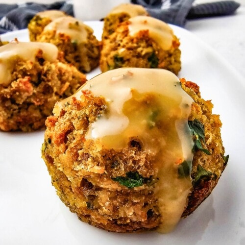Easy stuffing muffins on a platter.
