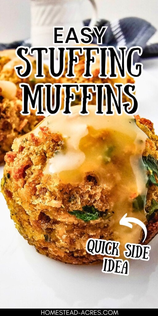 Homemade stuffing muffin cups on a white serving tray. The text overlay says Easy Stuffing Muffins Quick Side Idea.