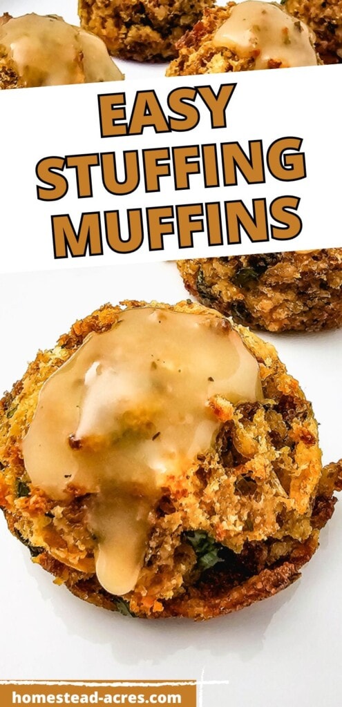 Homemade stuffing muffin cups on a tray. The text overlay says Easy Stuffing Muffins.