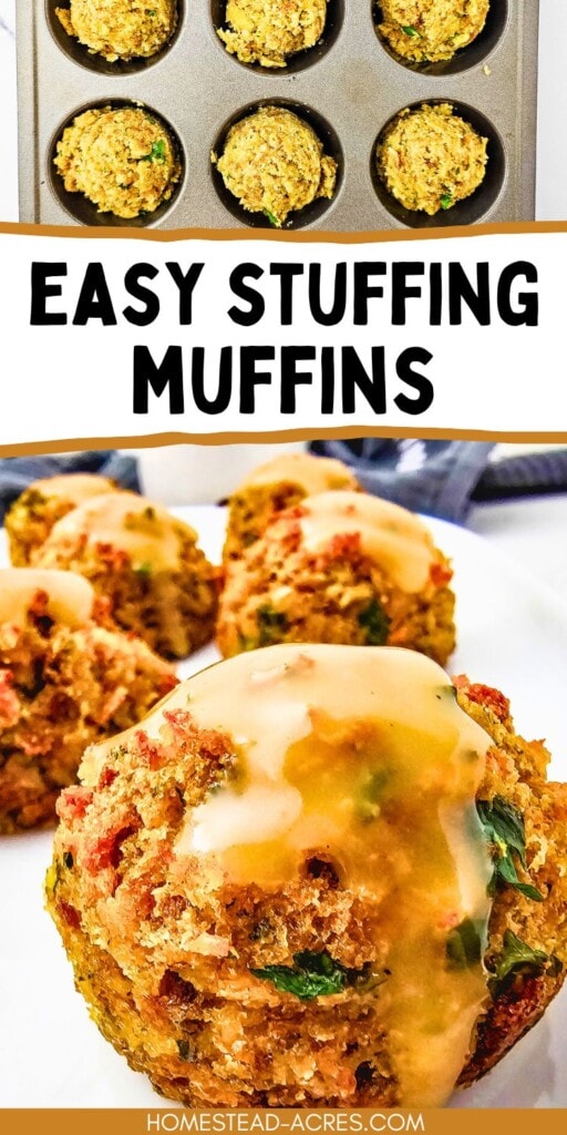 A collage of stuffing muffins in a muffin tin and serving tray. The text overlay says Easy Stuffing Muffins.