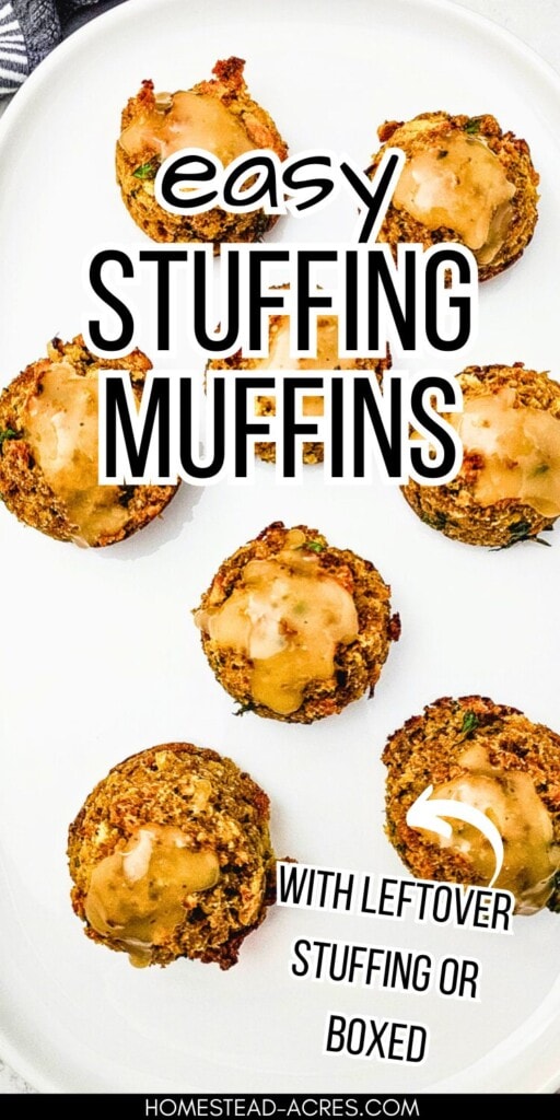 A white serving tray of stuffing muffin cups. The text overlay says Easy Stuffing Muffins With Leftover Stuffing Or Boxed.