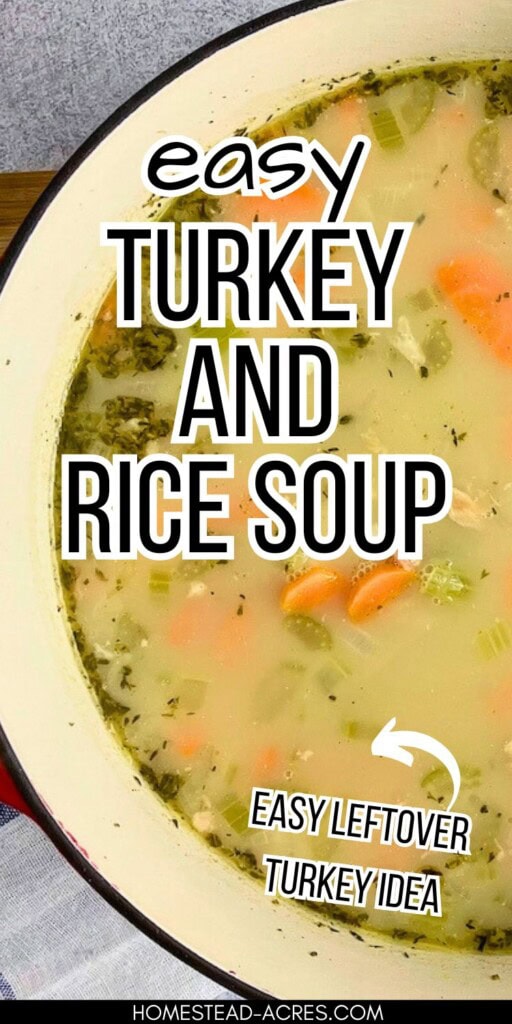 A large pot of soup is on the counter. The text overlay says Easy Turkey And Rice Soup. Easy Leftover Turkey Idea.