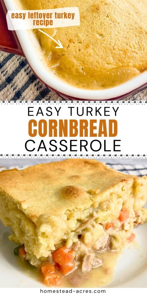 A collage of cornbread turkey casserole in a baking dish and on a plate. The text overlay says Easy Turkey Cornbread Casserole. Easy Leftover Turkey Recipe.
