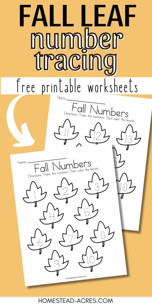 Sample images of fall leaf themed number tracing worksheets. The text overlay says Fall Leaf Number Tracing Free Printable Worksheets.