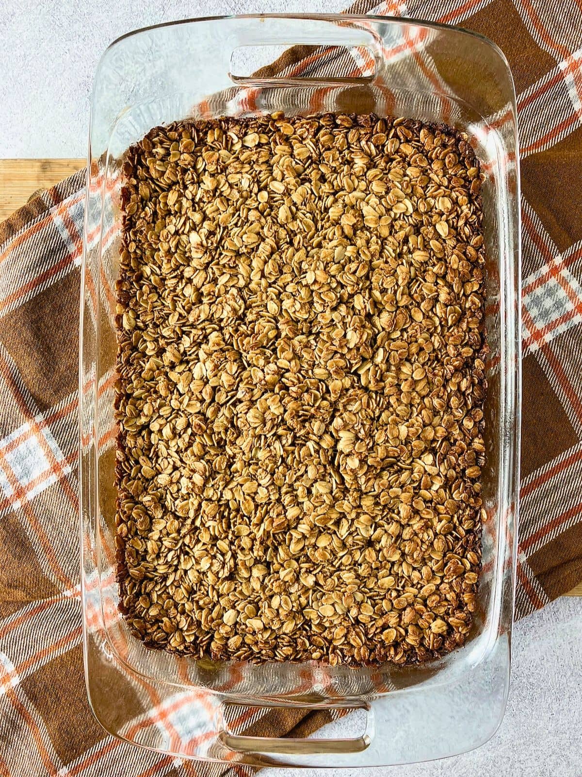 A baking dish of gingerbread baked oatmeal, warm from the oven.