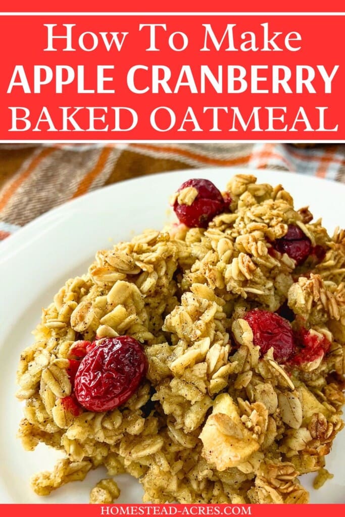 A slice of cranberry apple baked oatmeal on a white plate. The text overlay says How To Make Apple Cranberry Baked Oatmeal.