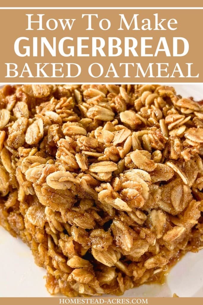 A slice of gingerbread oatmeal on a white plate. The text overlay says How To Make Gingerbread Baked Oatmeal.