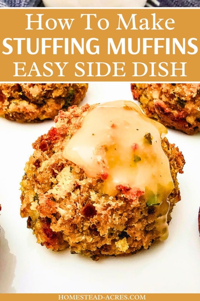 A serving tray of stuffing muffins with gravy poured over the top. The text overlay says How To Make Stuffing Muffins Easy Side Dish.