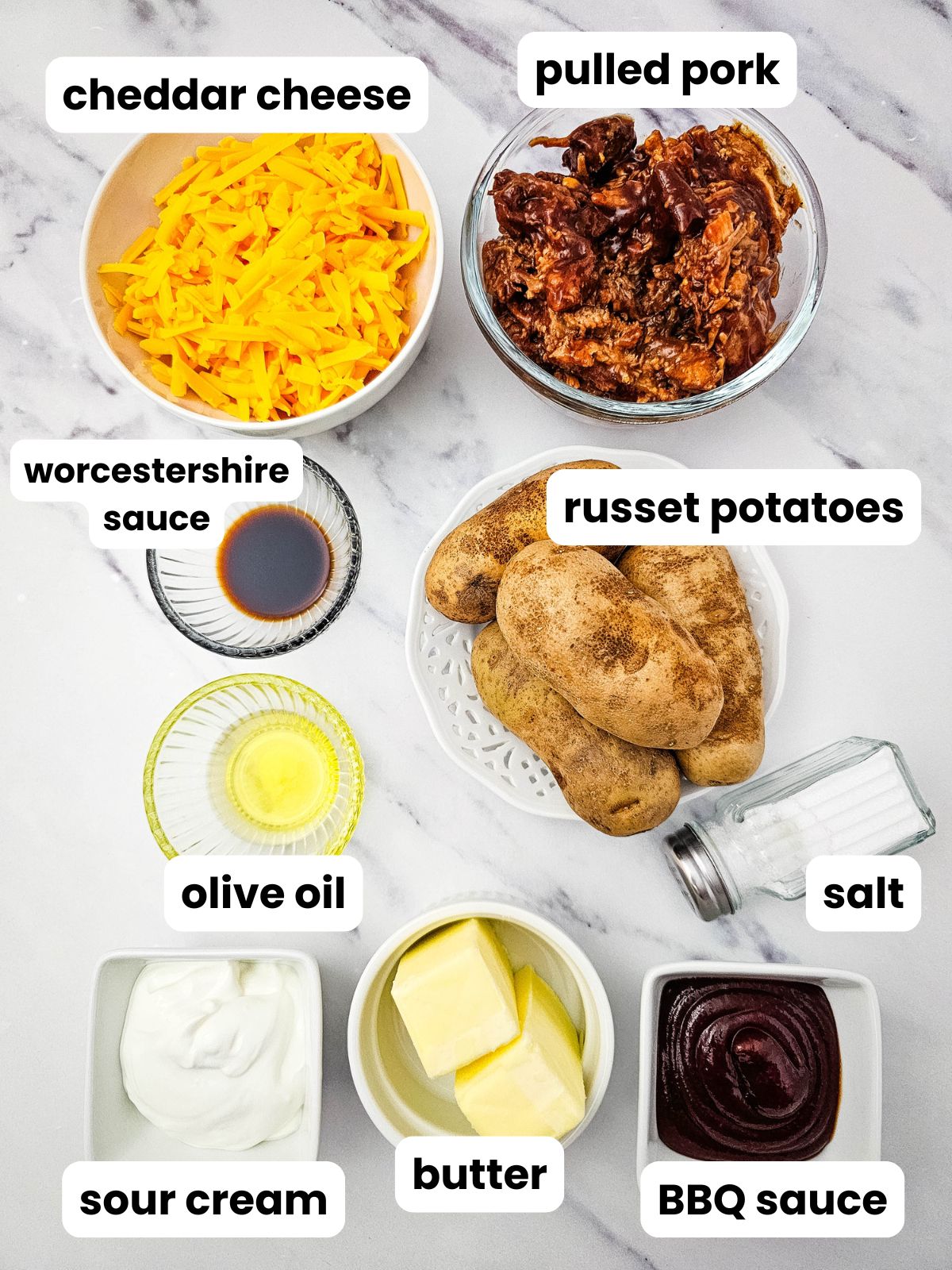 Ingredients for pulled pork potato skins were measured into containers.