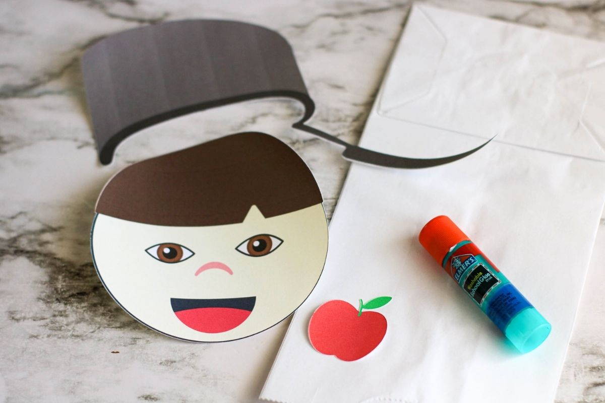 All the puppet pieces have been cut apart and are ready to glue onto the paper bag.