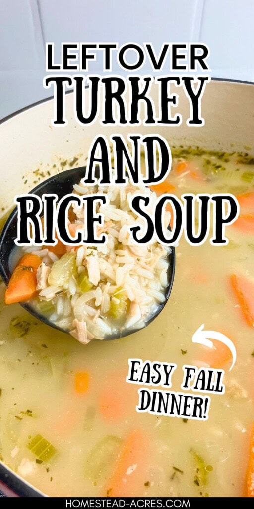Ladling up a serving of soup. The text overlay says Leftover Turkey And Rice Soup. Easy Fall Dinner!