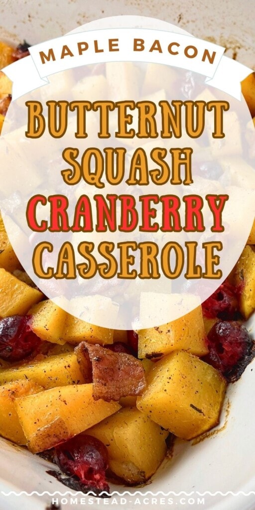 Cubed squash, cranberries, and bacon baked in a dish. The text overlay says Maple Bacon Butternut Squash Cranberry Casserole.