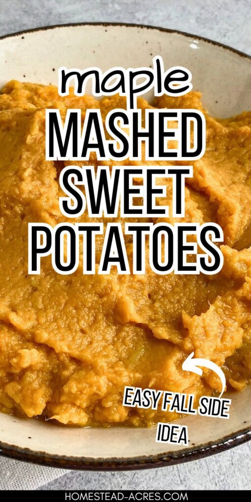 A serving dish of sweet potato mash on a counter. The text overlay says Maple Mashed Sweet Potatoes Easy Fall Side Idea.
