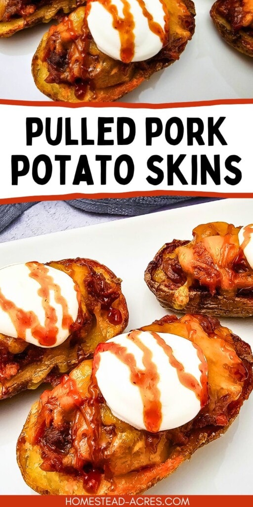 A collage of baked potatoes filled with pulled pork and cheese on a serving tray. The text overlay says Pulled Pork Potato Skins.