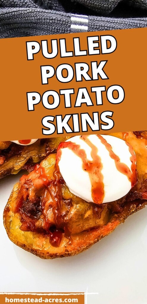 Baked potatoes filled with pulled pork and cheese on a serving tray. The text overlay says Pulled Pork Potato Skins.