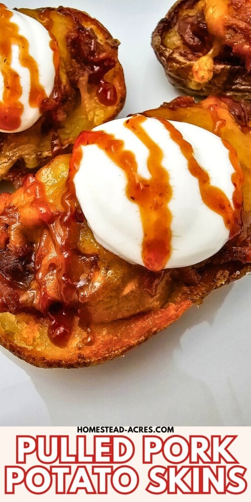 Baked potatoes stuffed with pulled pork and cheese and topped with sour cream. The text overlay says Pulled Pork Potato Skins.