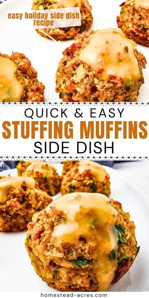 A collage of stuffing muffins on a white serving tray. The text overlay says Quick And Easy Stuffing Muffins Side Dish. Easy Holiday Side Dish Recipe.