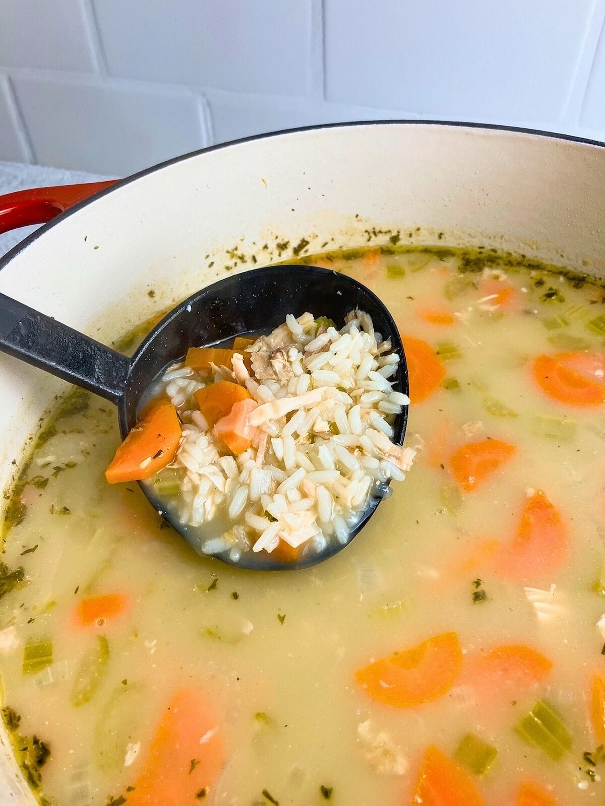 Ladling up a serving of turkey and rice soup.