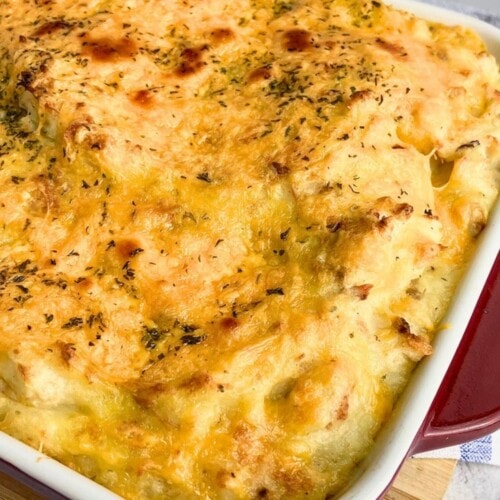 Easy homemade turkey bacon loaded mashed potato casserole.