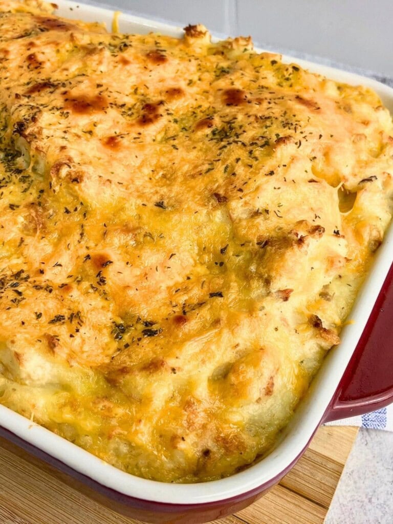 Easy homemade turkey bacon loaded mashed potato casserole.