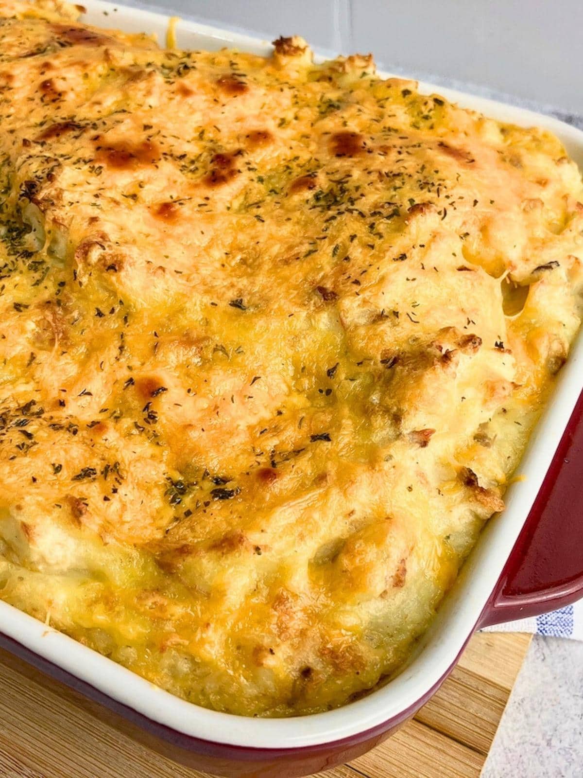 Easy homemade turkey bacon loaded mashed potato casserole.