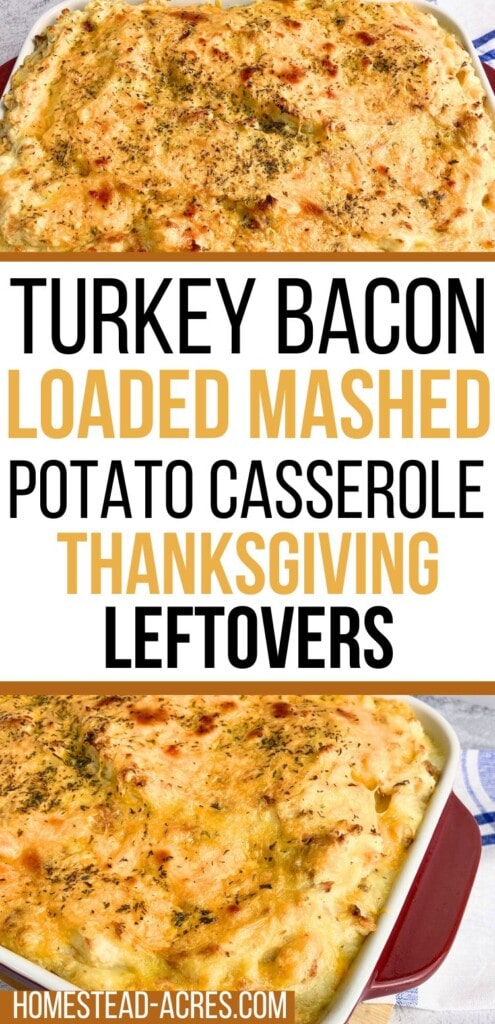 A collage of mashed potato casserole in a red and white casserole dish. The text overlay says Turkey Bacon Loaded Mashed Potato Casserole Thanksgiving Leftovers.