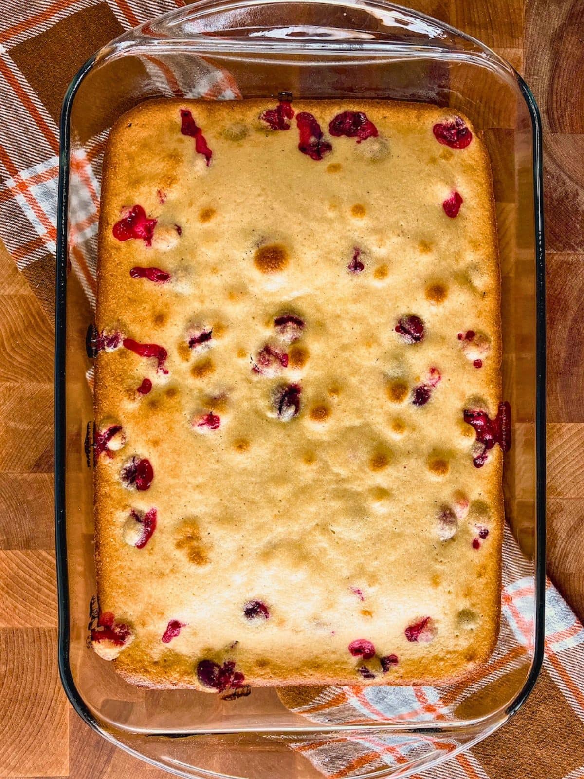 A baking dish of cranberry cornbread cooling on the counter.