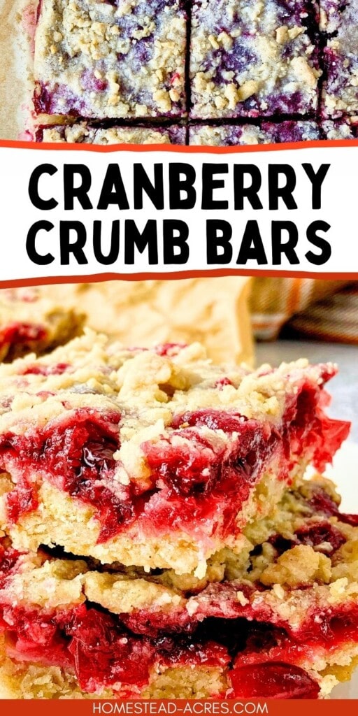 A collage of sliced cranberry squares on parchment paper and stacked on a plate. The text overlay says Cranberry Crumb Bars.