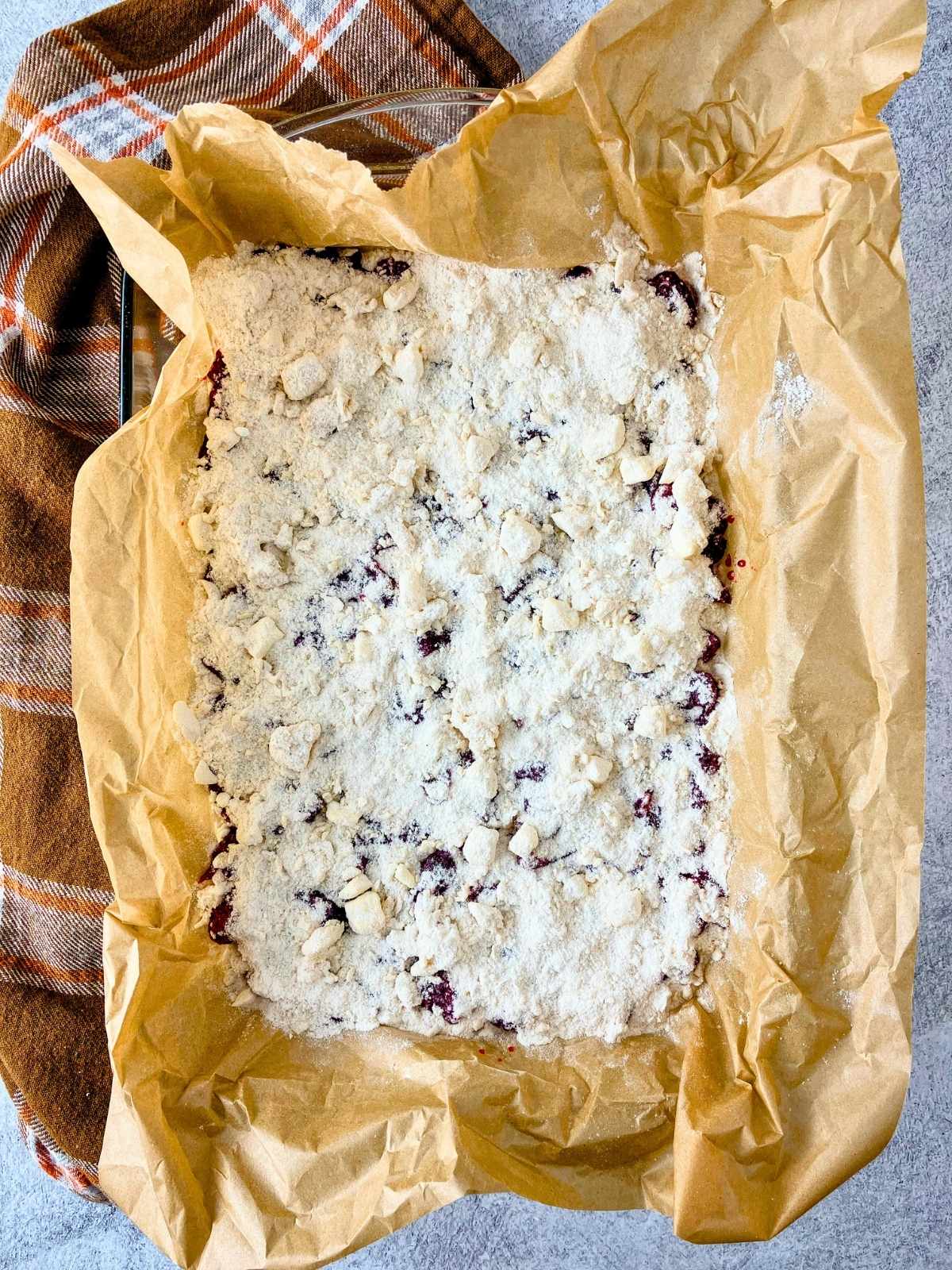 The crumble topping was sprinkled over top of the cranberries.
