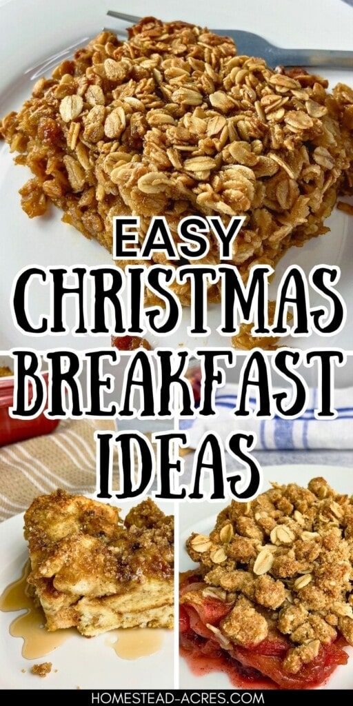 A collage of gingerbread baked oatmeal, pumpkin French toast bake, and apple cranberry crisp. The text overlay says Easy Christmas Breakfast Ideas.