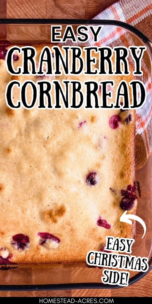 A baking dish of cornbread with cranberries cooling on the counter. The text overlay says Easy Cranberry Cornbread Easy Christmas Side.