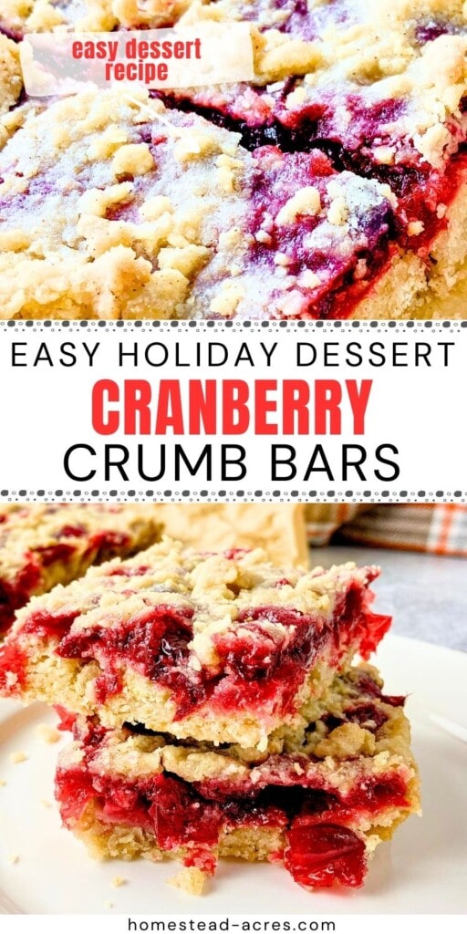 A collage of cranberry squares on parchment paper and stacked on a plate. The text overlay says Easy Holiday Dessert Cranberry Crumb Bars. Easy Dessert Recipe.