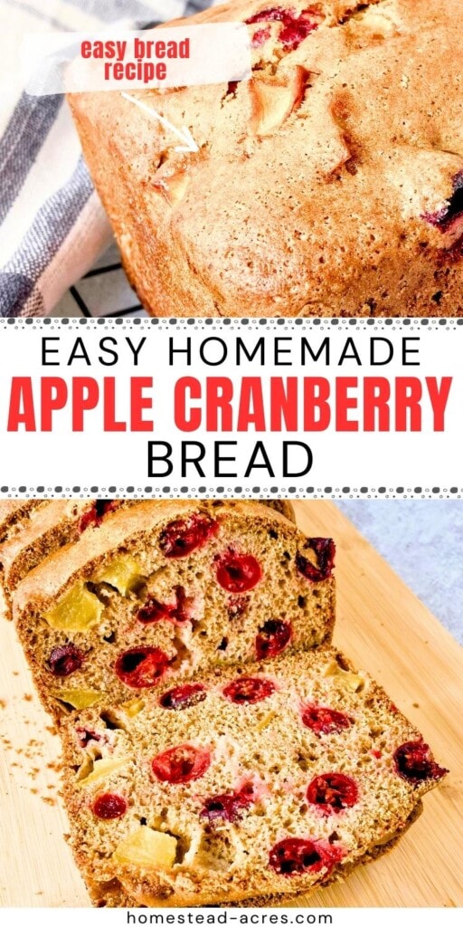 A collage of a loaf of apple cranberry bread cooling on a wire rack and sliced on a cutting board. The text overlay says Easy Homemade Apple Cranberry Bread. Easy Bread Recipe.