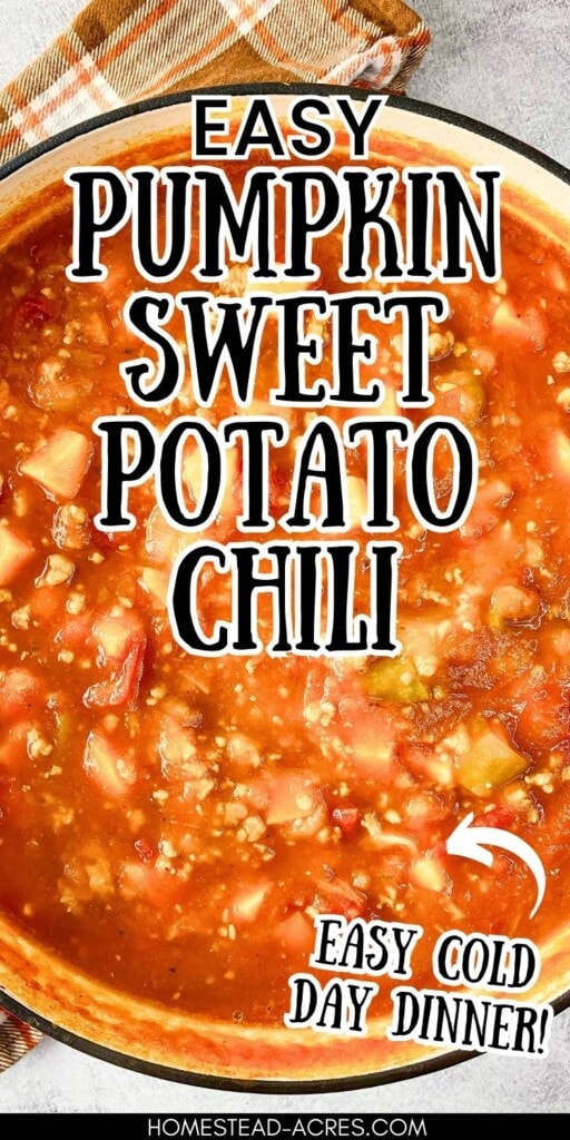 A pot of chili on the counter. The text overlay says Easy Pumpkin Sweet Potato Chili. Easy Cold Day Dinner.