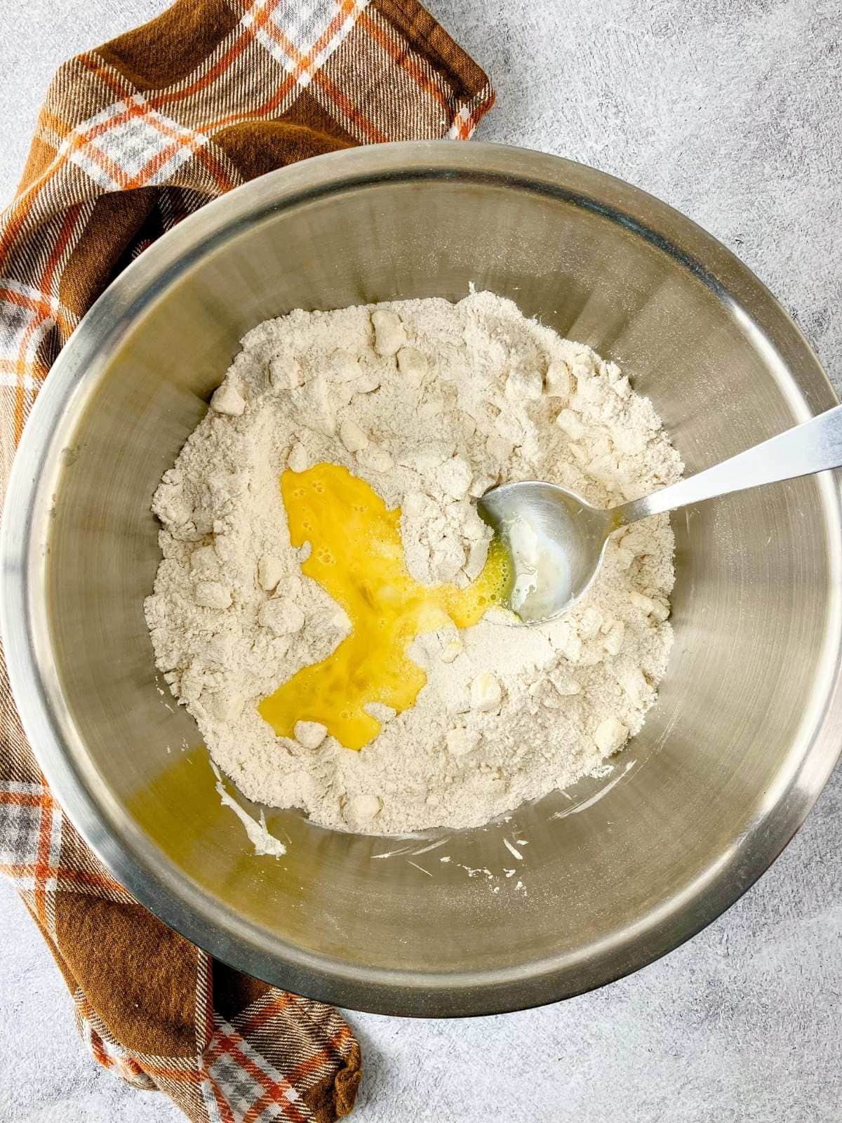 A scrambled egg was added to the dry ingredients.