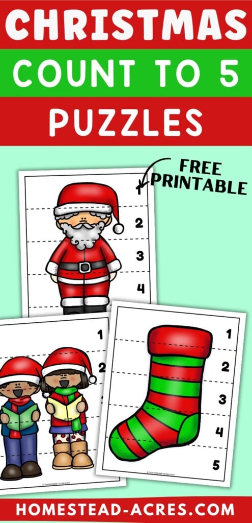 A collage of sample images for Christmas number puzzles. The text overlay says Christmas Count To 5 Puzzles Free Printable.