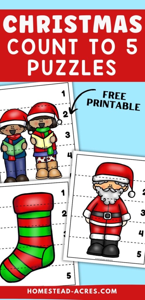 A collage of Christmas themed puzzle sample images. The text overlay says Christmas Count To 5 Puzzles Free Printable.