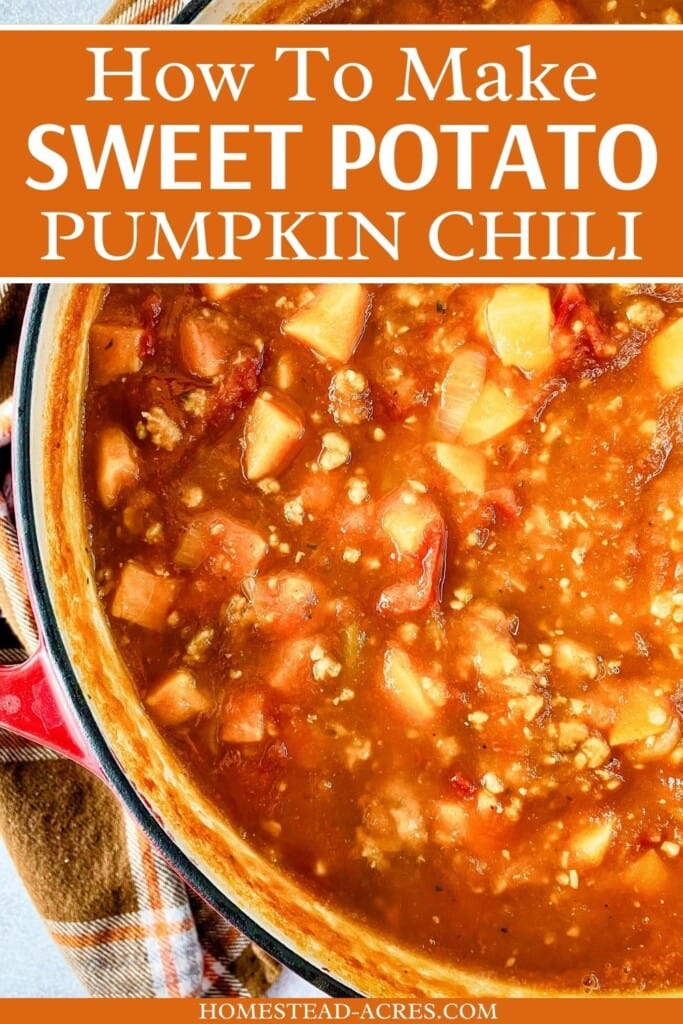 A large pot of chili on the counter. The text overlay says How To Make Sweet Potato Pumpkin Chili.