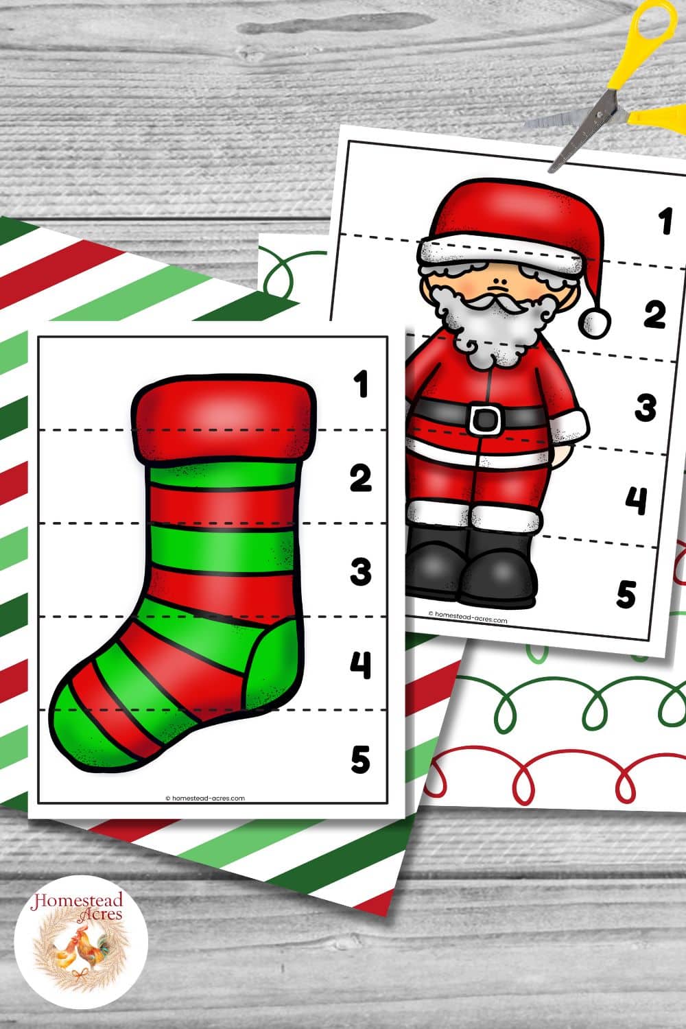 Two Christmas themed counting to 5 puzzle sample images including a Santa and stocking on a wooden table background.