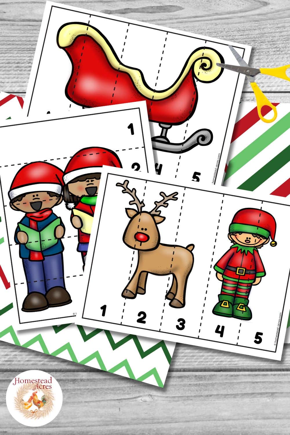Three sample Christmas counting puzzles including a sleigh, carollers, and an elf with a reindeer, on a wooden table background.