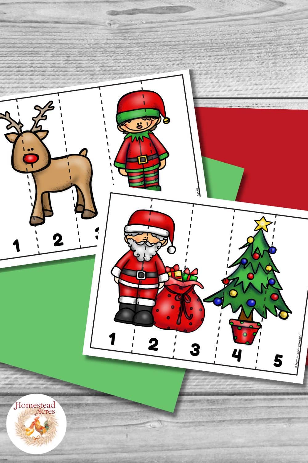 Two counting puzzle sample images including a Santa next to a Christmas tree and an elf next to a reindeer.