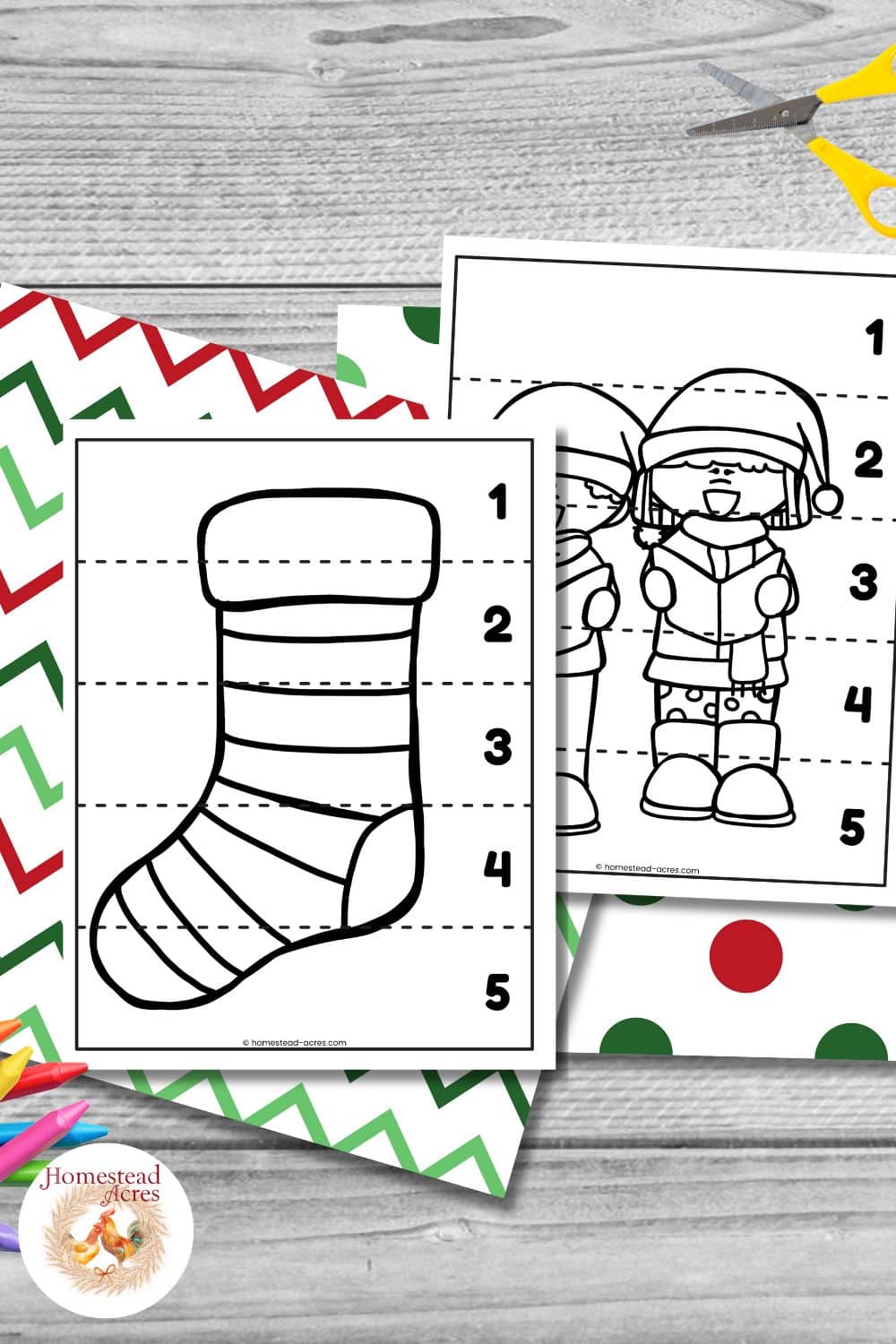 Two black and white Christmas puzzles sample images including a stocking and carollers on a wooden table background.