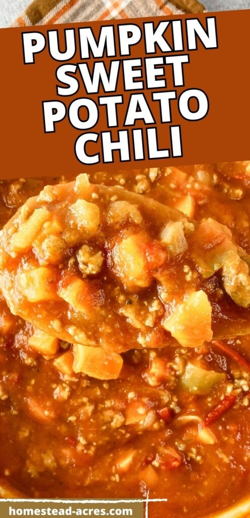 Holding a spoon of chili over the pot. The text overlay says Pumpkin Sweet Potato Chili.