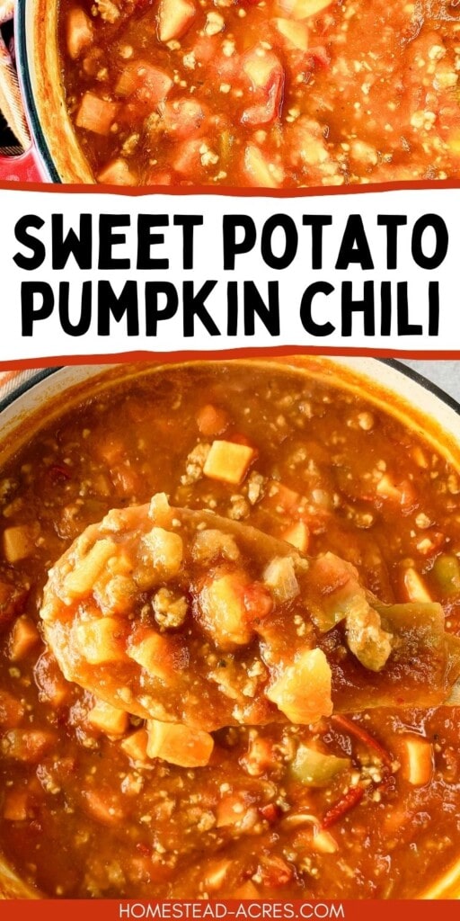 A collage of a pot and spoonful of chili. The text overlay says Sweet Potato Pumpkin Chili.