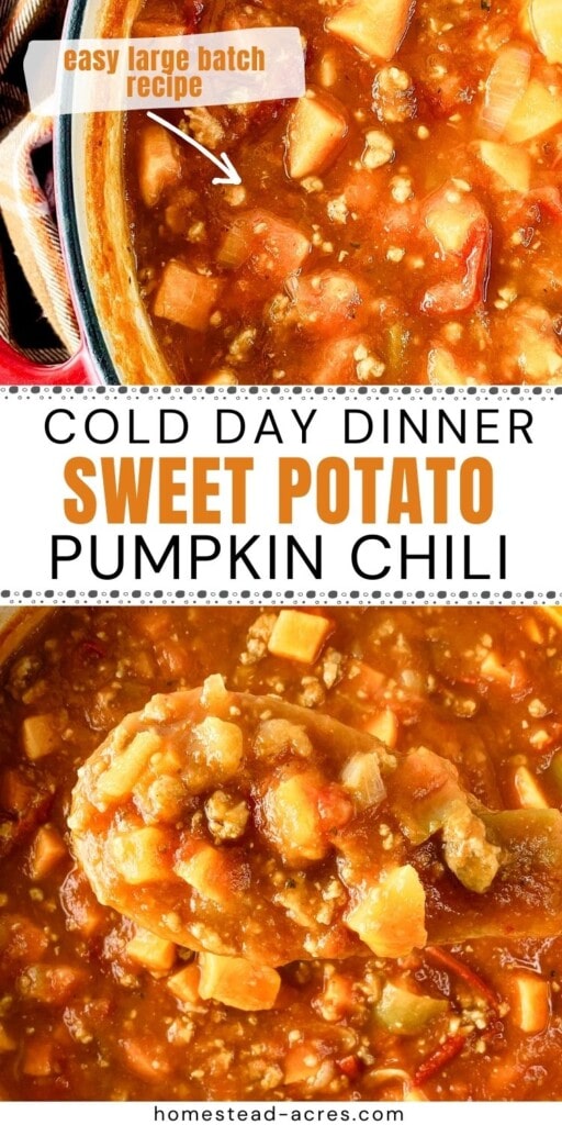 A collage of a pot of sweet potato chili and a spoonful held up. The text overlay says Cold Day Dinner Sweet Potato Pumpkin Chili. Easy Large Batch Recipe.